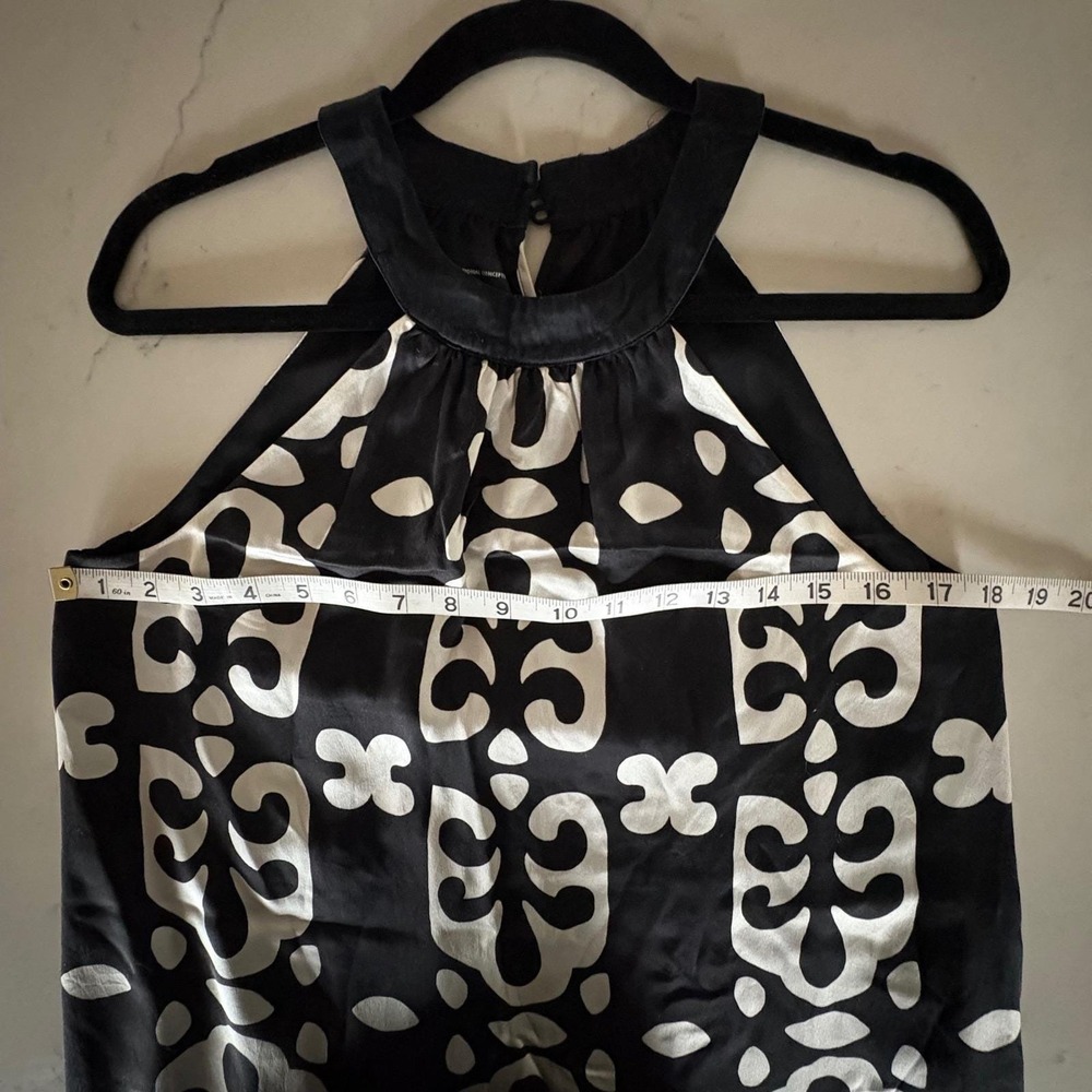 INC Intl Concepts 100% Silk Dress SIZE 6 Black White Geo Print‎ Halter Neck Y2K - Picture 7 of 9